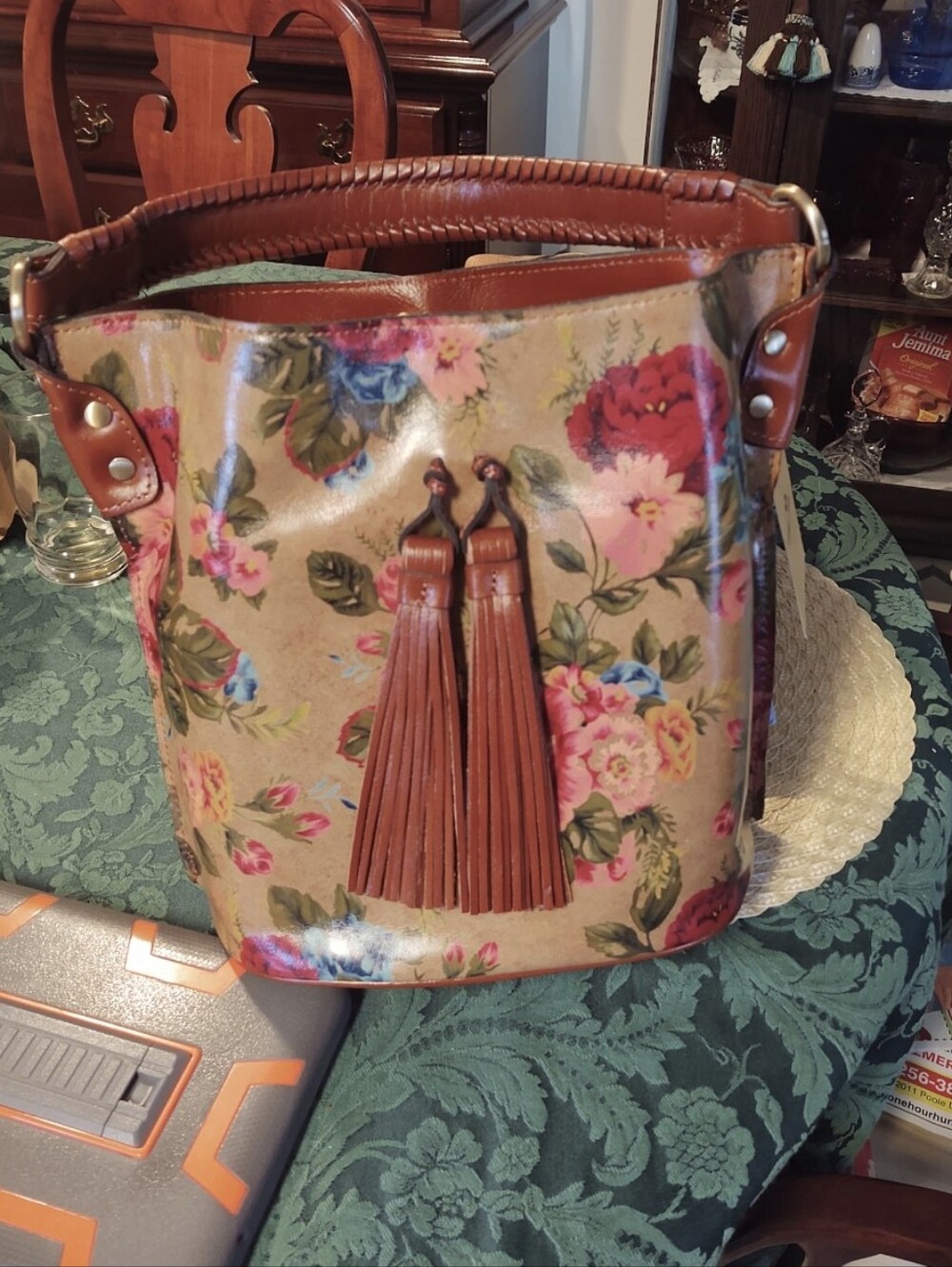 Patricia Nash Floral Bucket Bag in Beige and Brown with Multicolor Blooms
